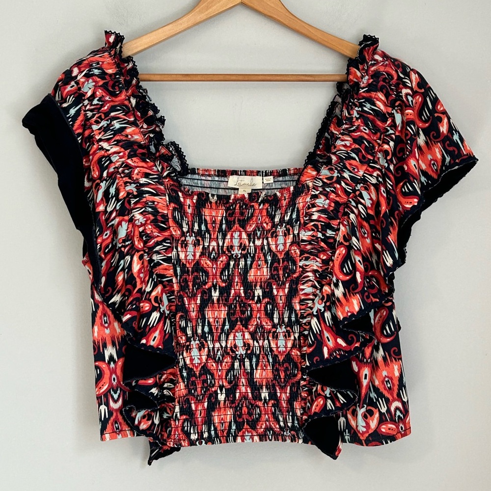 Let Me Be Smocked Ruffle Sleeve Top XL Red Black Ikat Print Boho Blouse